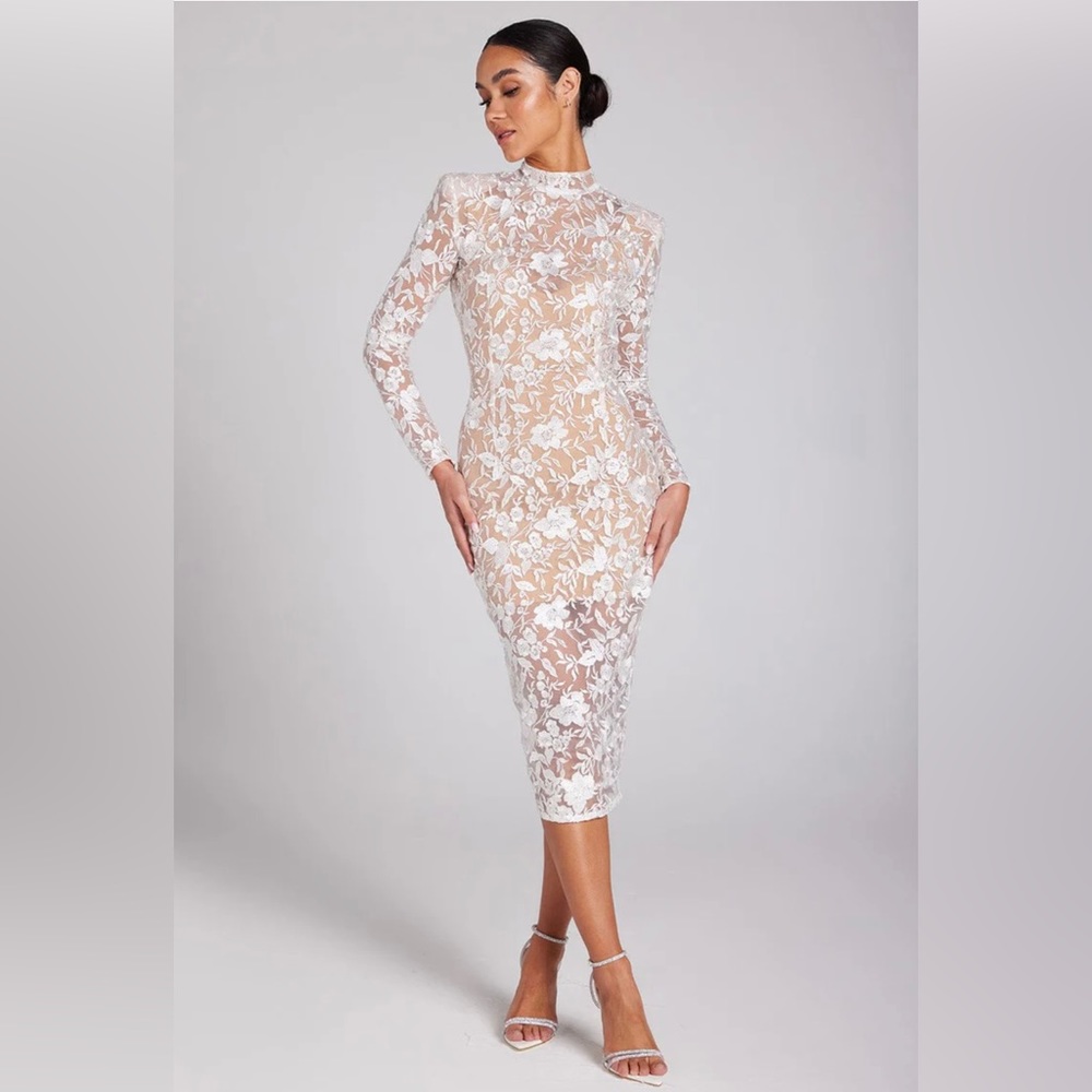 NADINE MERABI - NAOMI WHITE DRESS - SIZE S - LIGHT NUDE SLIP